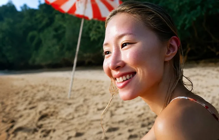 Woman smiling on a beach at sunset